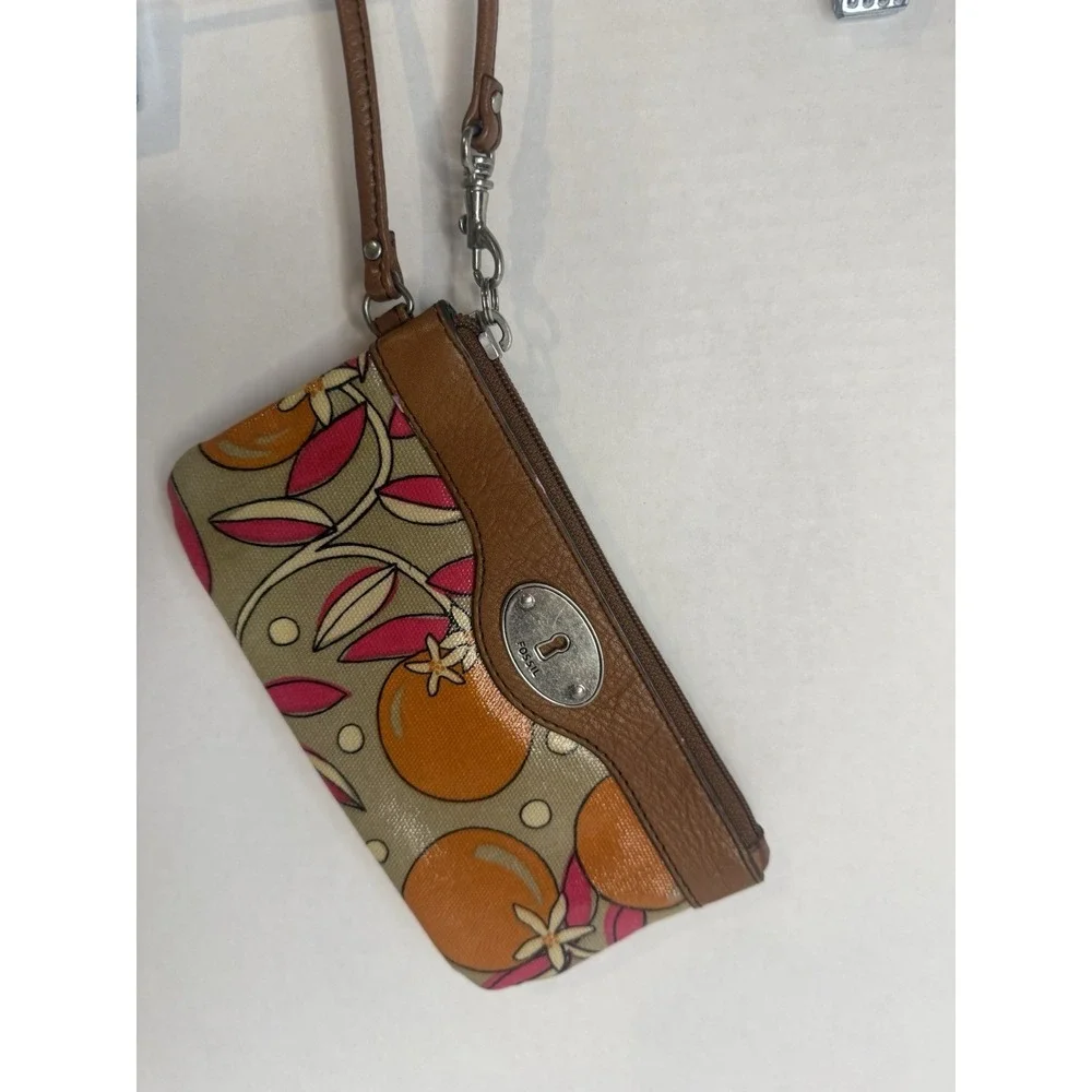 Fossil‎ Key-Per Small Wristlet Bag Multicolor Floral Pattern Brown Strap
